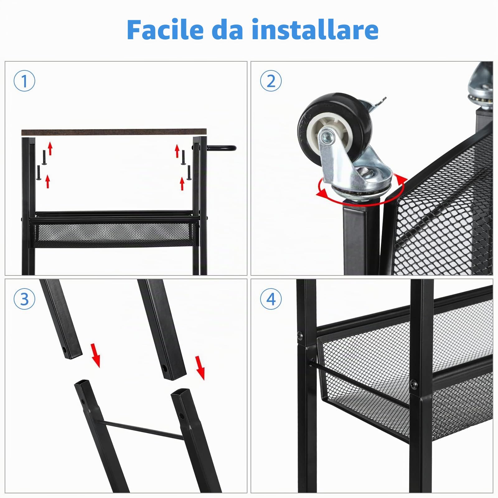 LIANTRAL Carrello a 4 livelli, carrello cucina stretto, ripiano di nicchia su ruote con piano tavolo in legno, Mensola cucina e ripiano bagno per piccole stanze, cucina, bagno, ufficio