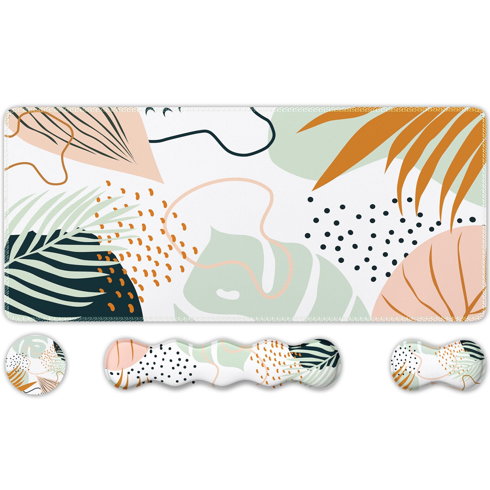 iLeadon Keyboard Mouse Pad Set, Large Gaming Mouse Pad + Keyboard Wrist Rest Support + Mouse Wrist Cushion + Coaster, Non-Slip Rubber Base, 35.4x15.7in Extended Desk Mat for Office, Abstract Plant