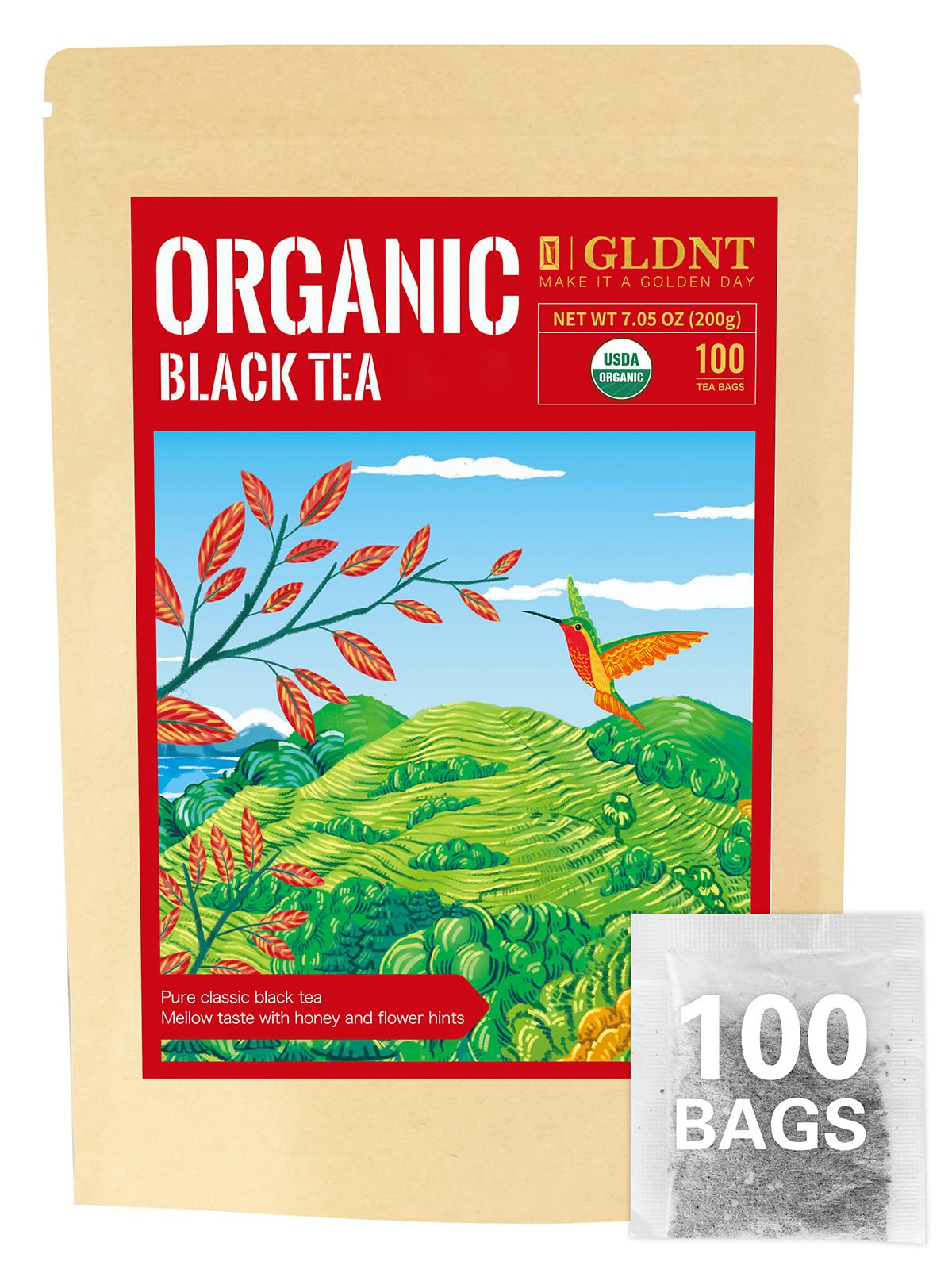 GLDNT Organic Black Tea Bags, Natural Organic Black Tea, Smooth & Mellow Flavor, Caffeinated, Hot & Iced Tea, 100 Count