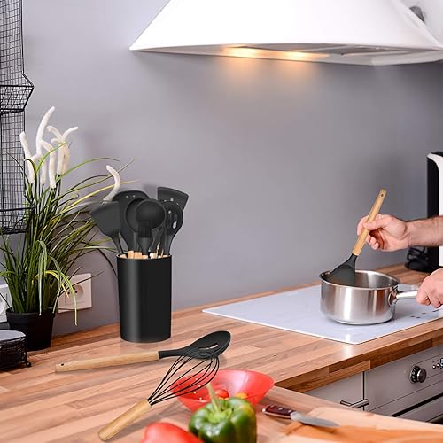 Miniatura 2 de LIANYU Juego de utensilios de cocina de silicona de 13 piezas con soporte, utensilios de mango de madera para cocinar, herramientas de cocina que