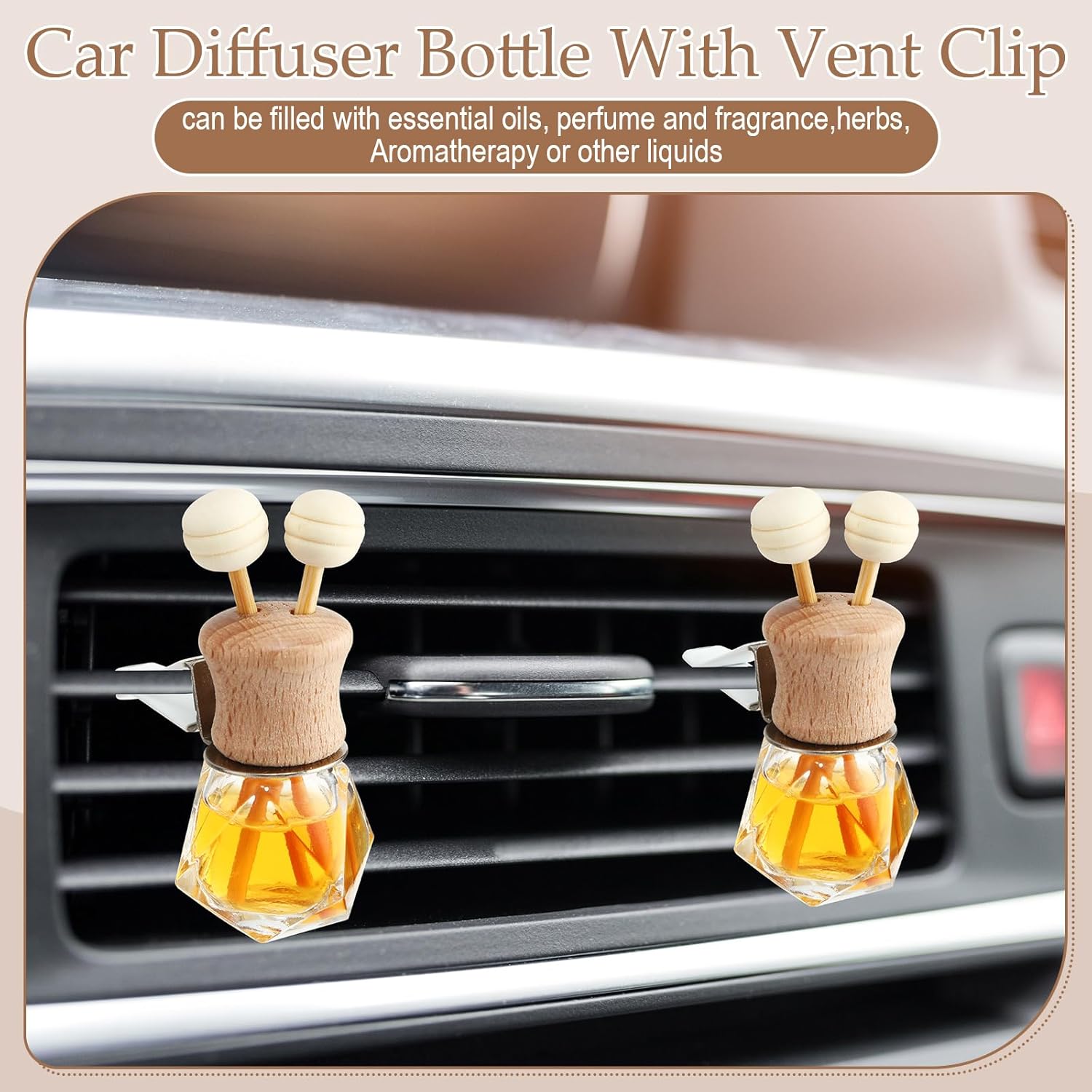 Zubebe 30 Pack 8 ml Diamond Essential Oil Diffuser Bottle Bulk Car Air Freshener Vent Clip Auto Perfume Vent Diffuser for Aromatherapy Fragrance Ornament Decor, Glass Bottle with Wooden Caps Stick