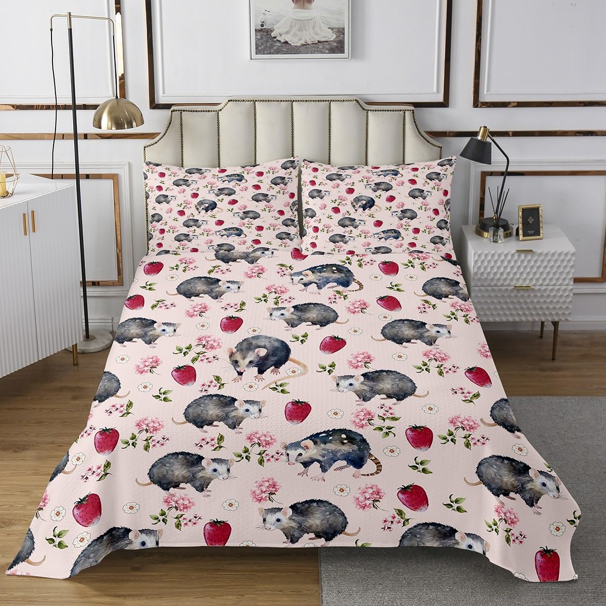 Possum Bedspread Twin Size Cute Opossum Animal Coverlet for Kids Boys Girls Adults Red Strawberry Quilt Set Pink White Flowers Leaves Quilted Room Decor 2Pcs With 1 Pillow Case Bedding Collection