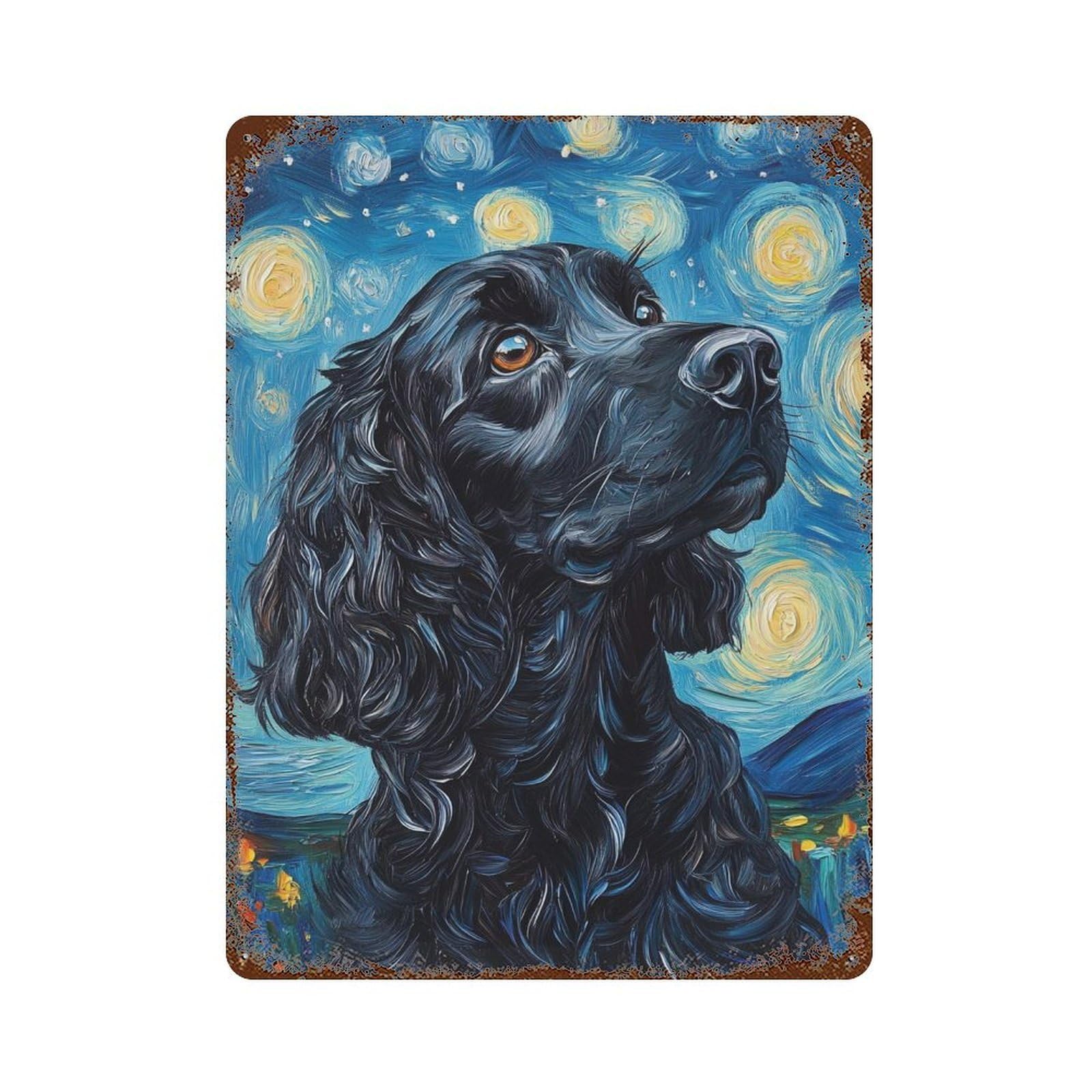 Starry Night Cocker Spaniel Art Print Distressed Metal Wall Sign 15.7"x11.8", Ideal for Patio, Garden Room And Bar Decor