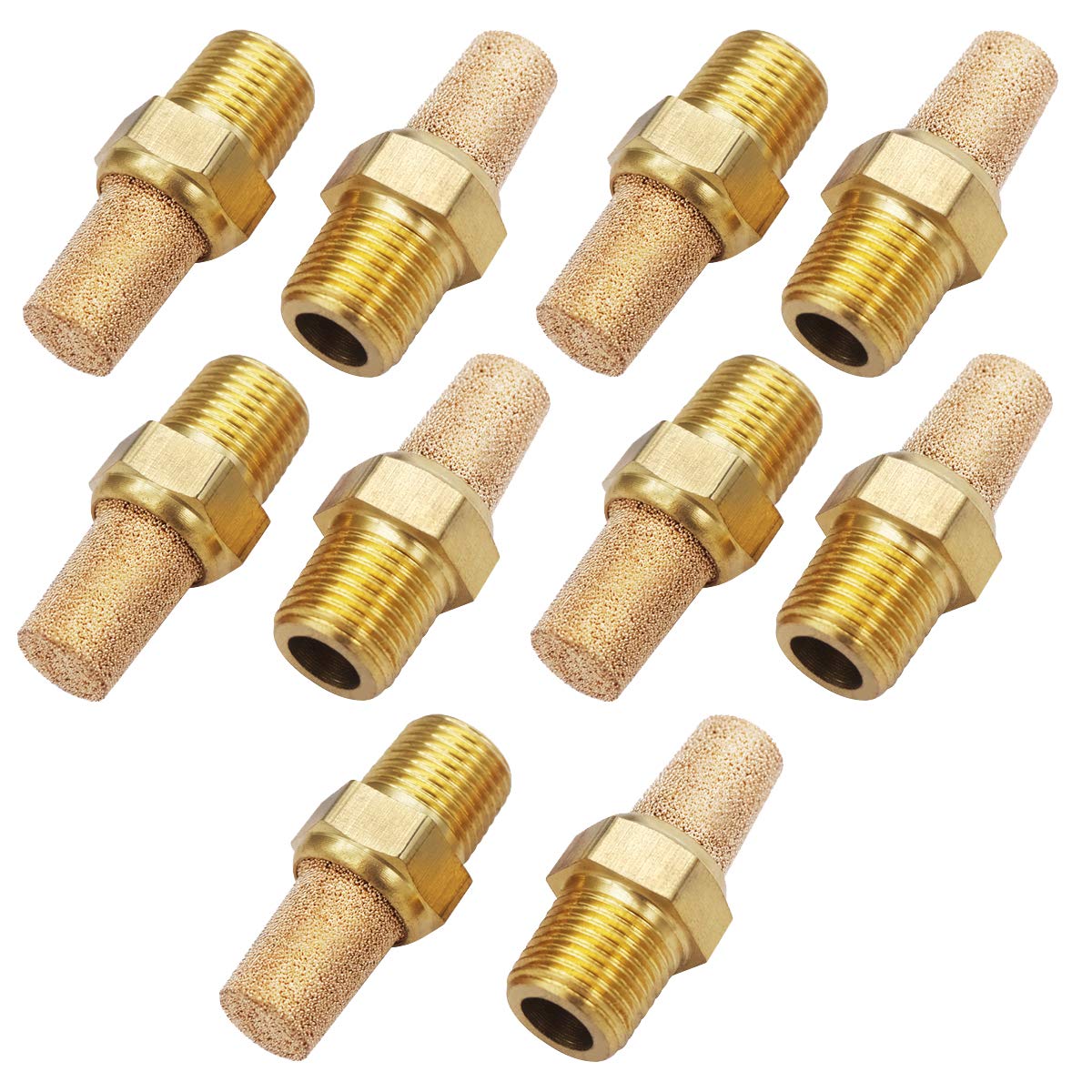 mxuteuk 10pcs Brass Pneumatic Muffler Filter Noise Silencer, Hex Sintered Silencer Air Line Fitting 1/8" NPT XYQ-G-(1-8)