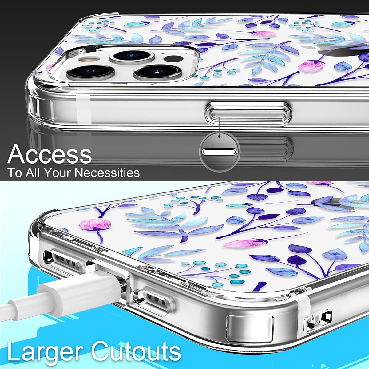 GiiKa for iPhone 12 Pro Max Case with Screen Protector, Clear Full Body Shockproof Protective Floral Girls Women Hard Case with TPU Bumper Cover Phone Case for iPhone 12 Pro Max, Blue Floral