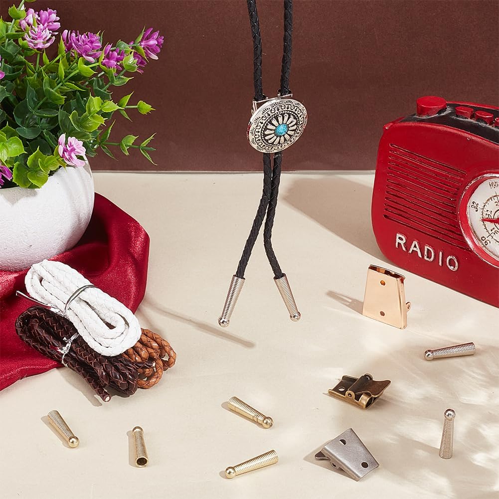 NBEADS 16 Pcs Bolo Tie Findings Kit, Bolo Tie Buckle Accessories with 8Pcs Alloy Cord End 4Pcs Iron Bolo Tie Slide Clasps and 4.36 Yards(4m) Leather Necktie Cord for Bolo Tie Making