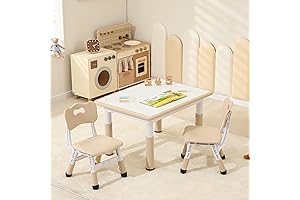 Kids Table and 2 Chairs Set: Adjustable Height, Graffiti Desktop and Anti-Slip Foot Covers