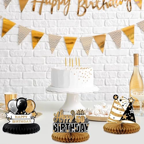 Miniatura 7 de Juego de centros de mesa de papel negro y dorado con texto en inglés "Happy 50th Birthday", 8 piezas de globos de estrella de 50 años, letrero de