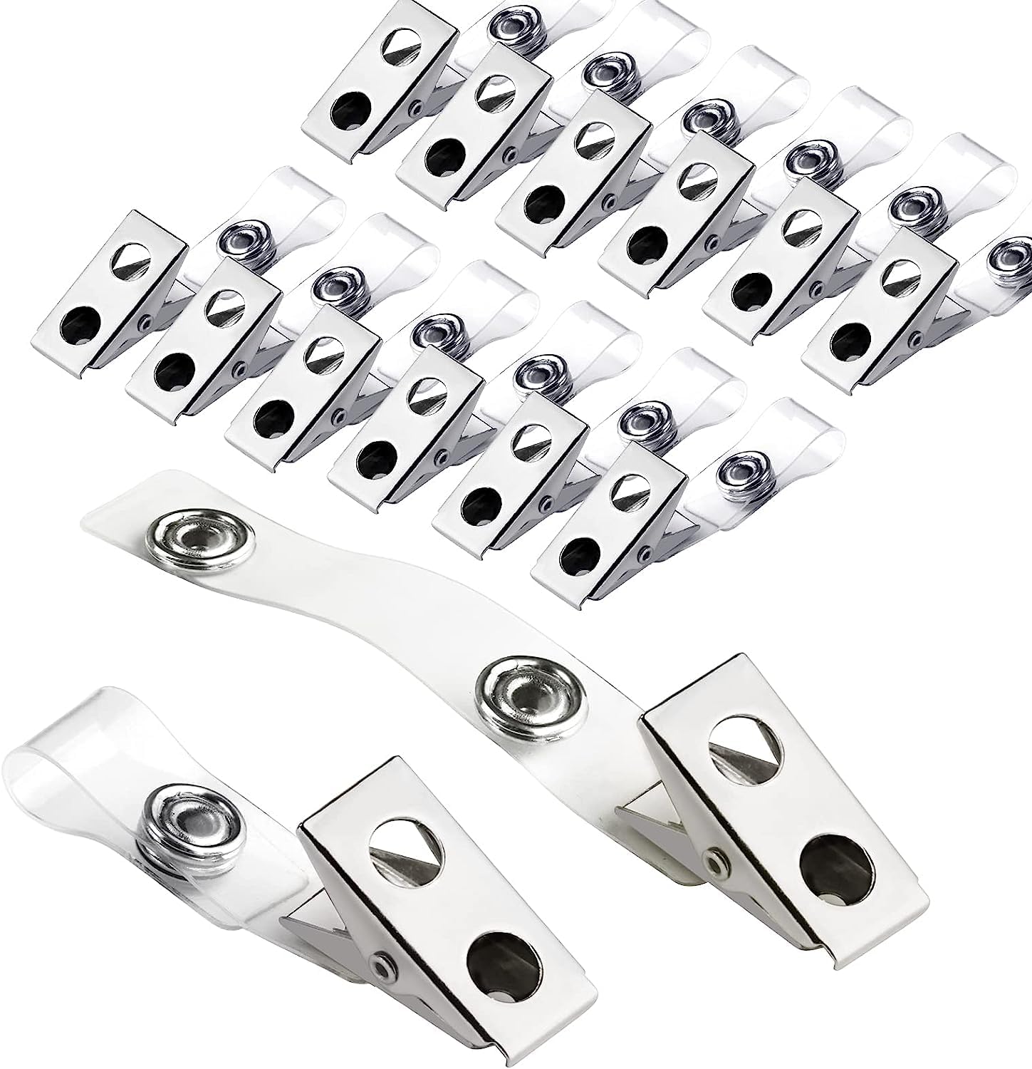 300Pcs Metal Badge Clips with Clear PVC Straps, Premium Double Hole Metal Badge Clips for ID Cards, Badge Holders, Name Tags Work Badges