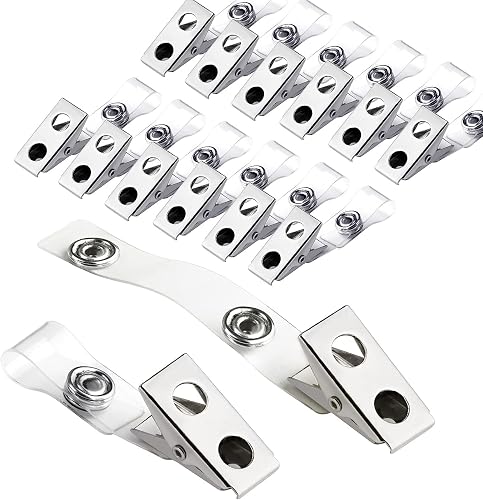 30Pcs Metal Badge Clips with Clear PVC Straps | Premium Double Hole Metal Badge Clips for ID Cards, Badge Holders, Name Tags Work Badges