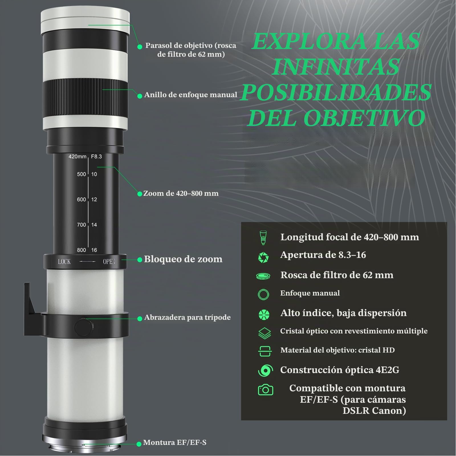 Lightdow EF 420mm-800mm F8.3 Objetivo Manual para Canon EF Mount, Lente Teleobjetivo de Cuerpo Metálico Liviano, para Canon EF-S Montura EOS 90D 7D 6D 5D Mark II/III/IV, Rebel T7 -Negro