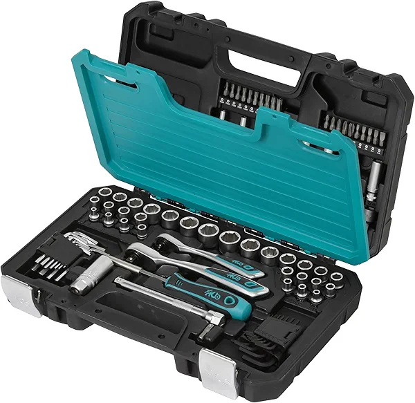 HB 120 Offset Reversible Ergonomic Ratchet Handle 3/8-Inch 1/4-Inch Drive, Made in Taiwan, with compact tool storage 96-piece Socket set, Non-Slip Socket Set AKX003-U