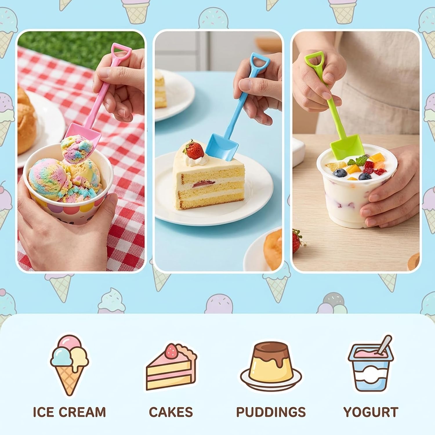 100Pcs Shovel Spoons for Desserts, Mini Shovel Spoons for Ice Cream Treats and Sweet Snacks, Colorful Mini Shovels for Party Serving, 4.7-Inch Plastic Disposable Scoops with 5 Assorted Colors