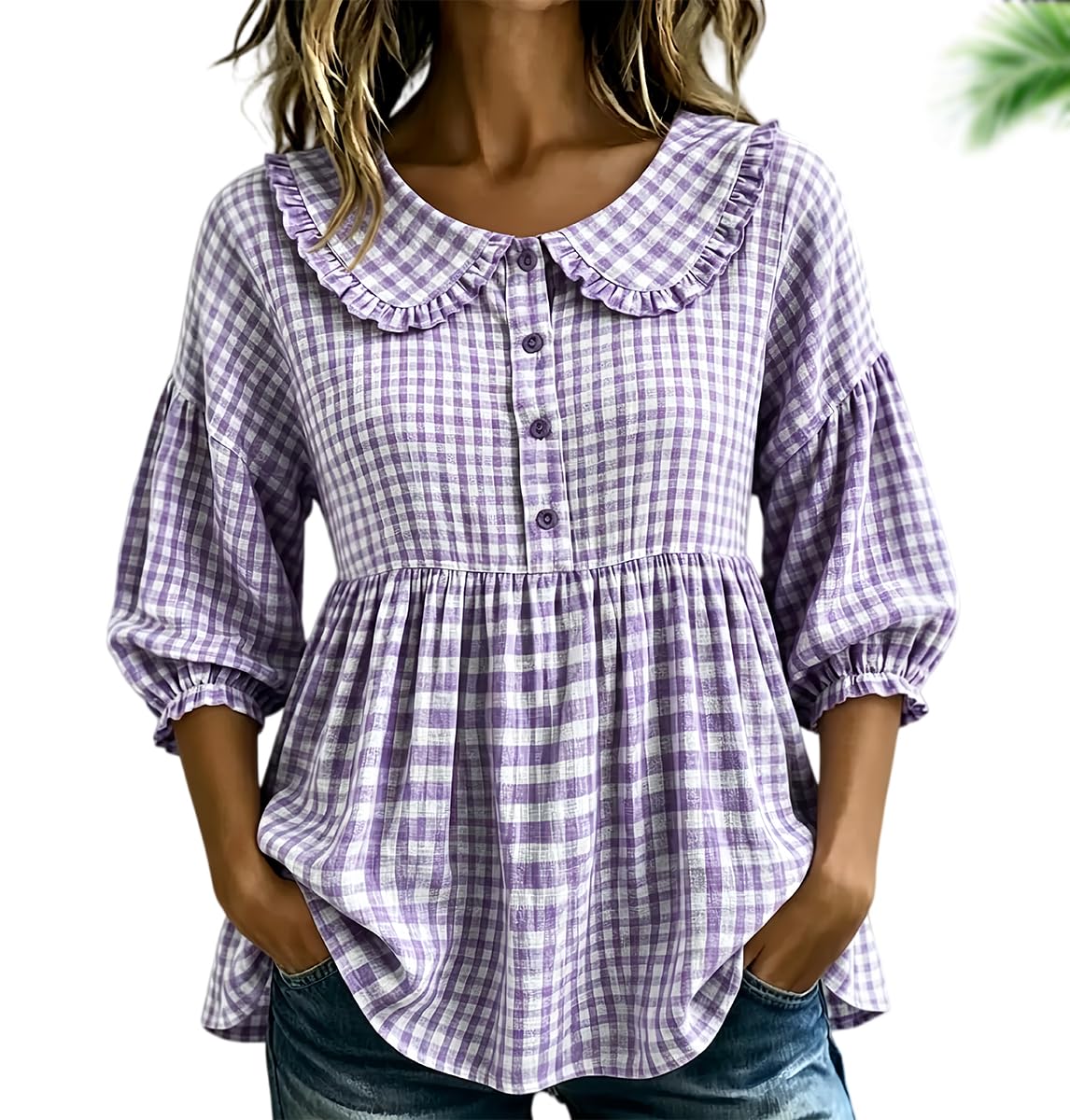 Blusa de cuadros para mujer, manga 3/4, abotonada, con botones y peplum