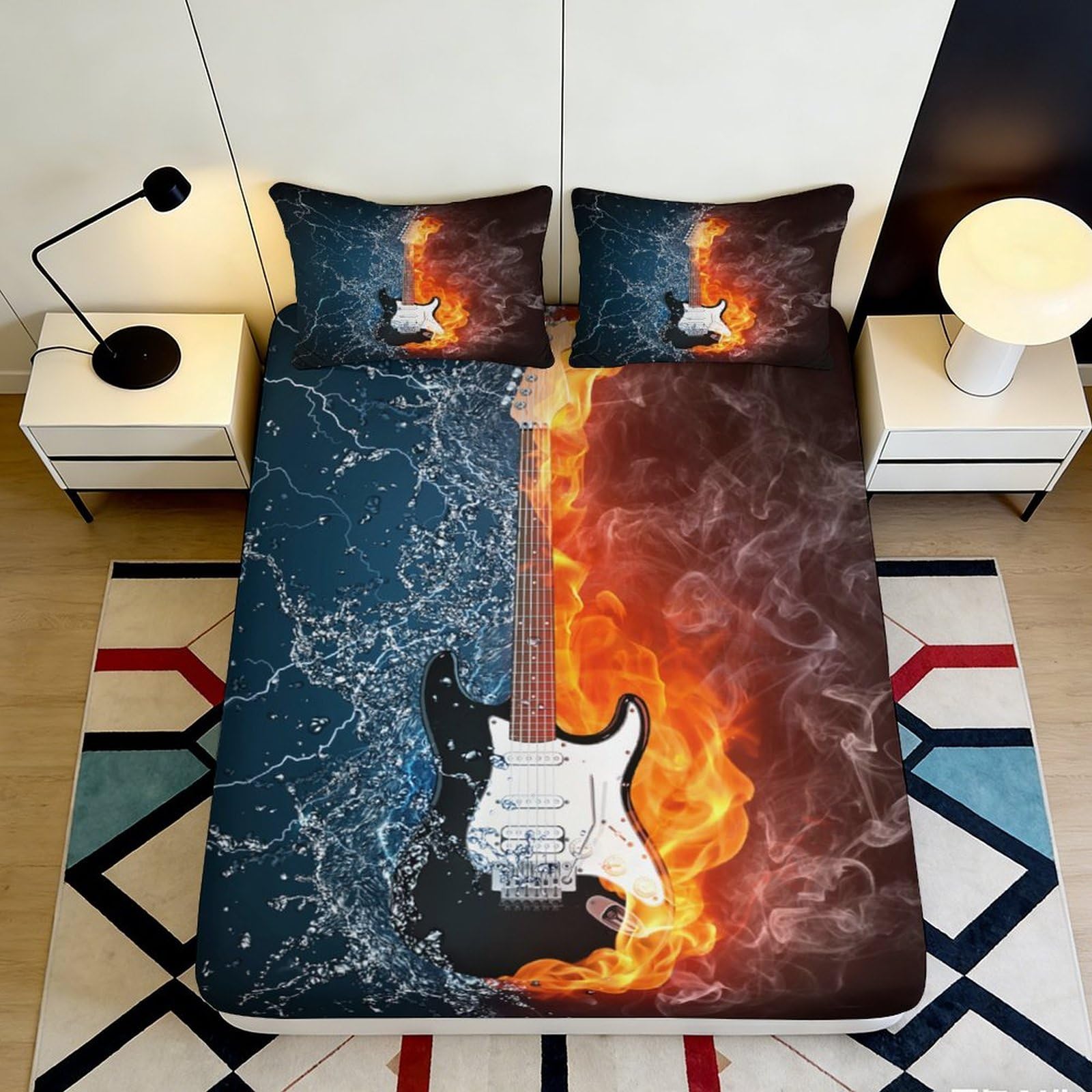 3D Printed Fire Water Guitar Fitted Sheet Microfiber Soft Breathable Electric Flame Bed Cover for Bedroom Dorm Decor 90x200x25cm