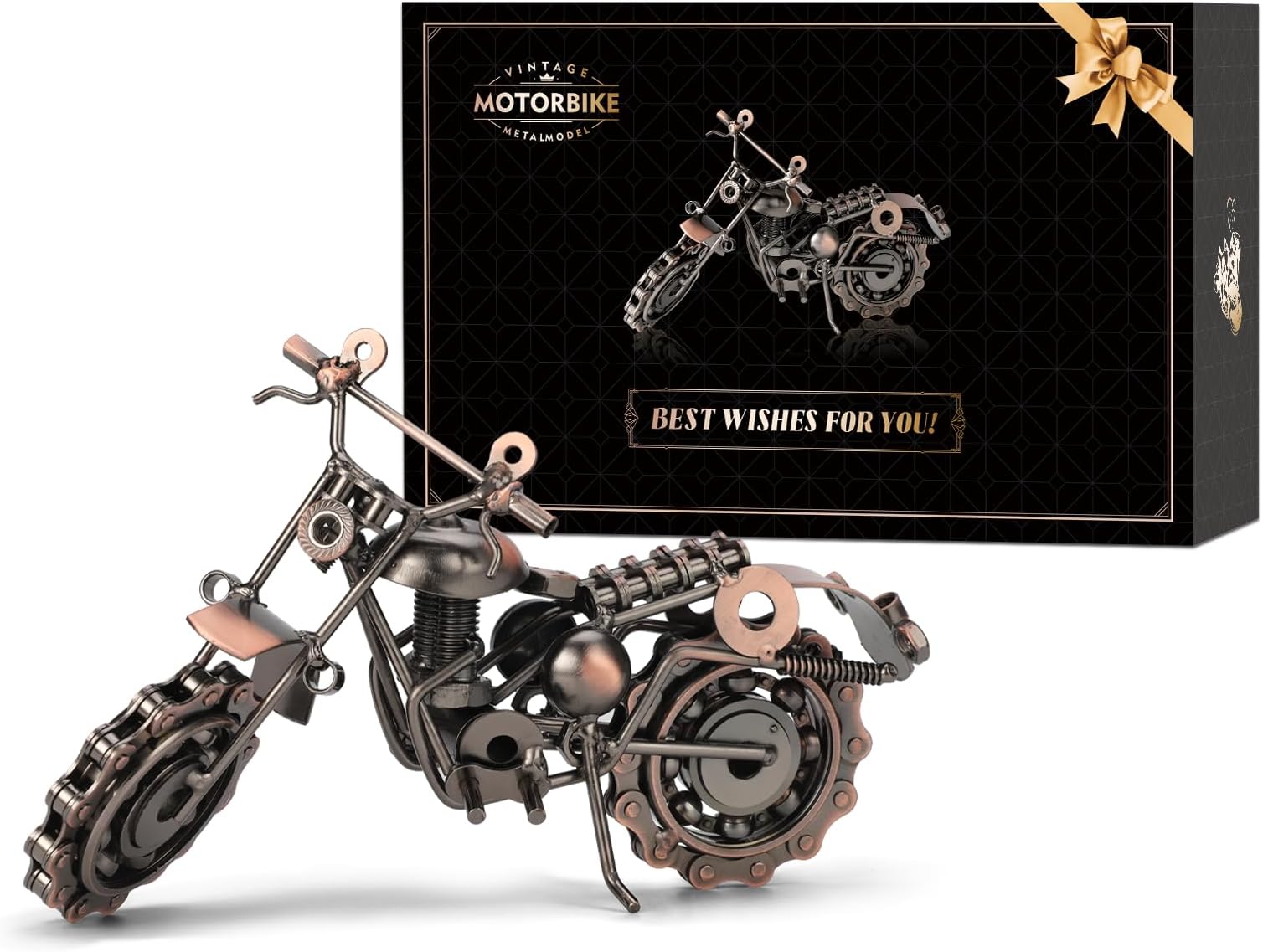 Signstek Vintage Handcrafted Iron Motorbike Model Bronze Metal Motorcycle Ornament Collectible Gift for Motorcycle Lovers for Him or Dad