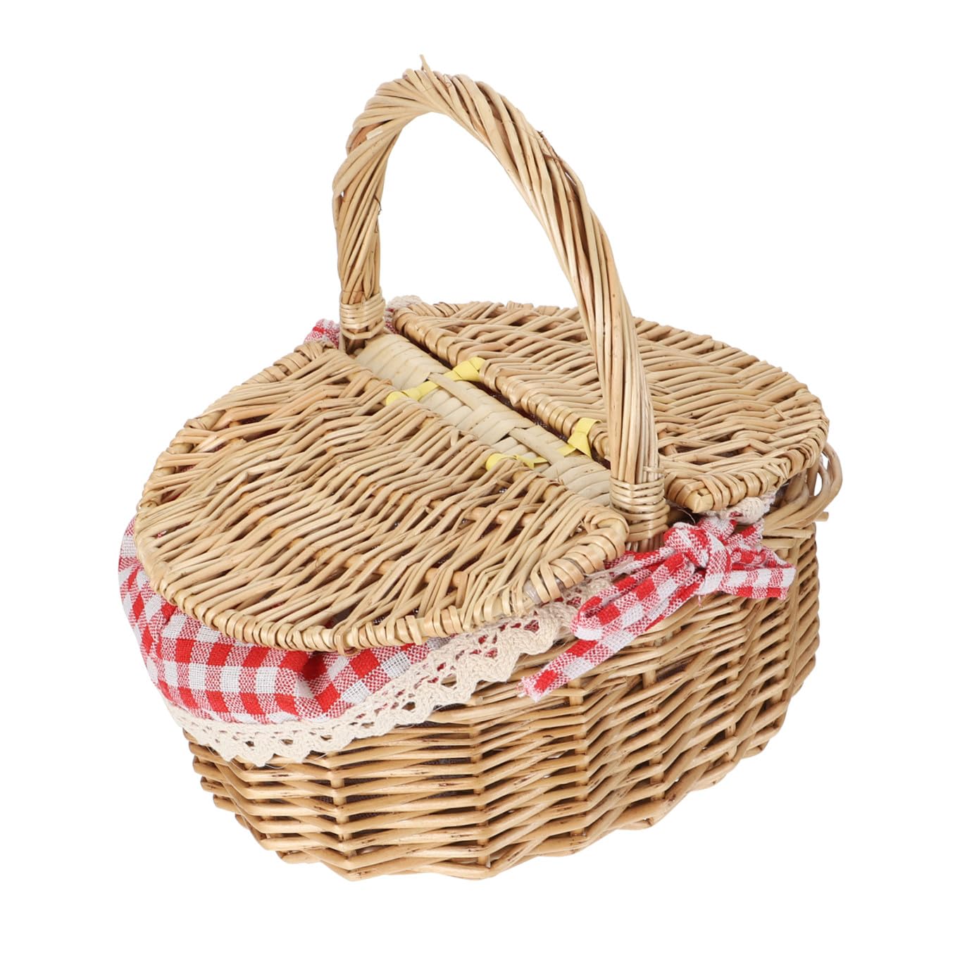 Cesta de Tejido de Mimbre para Picnic al Aire Libre Tapa, Tamaño 26x18x15 Cm, Color Natural Forro Rojo a Cuadros, Cesta Multiusos para Frutas y Alimentos