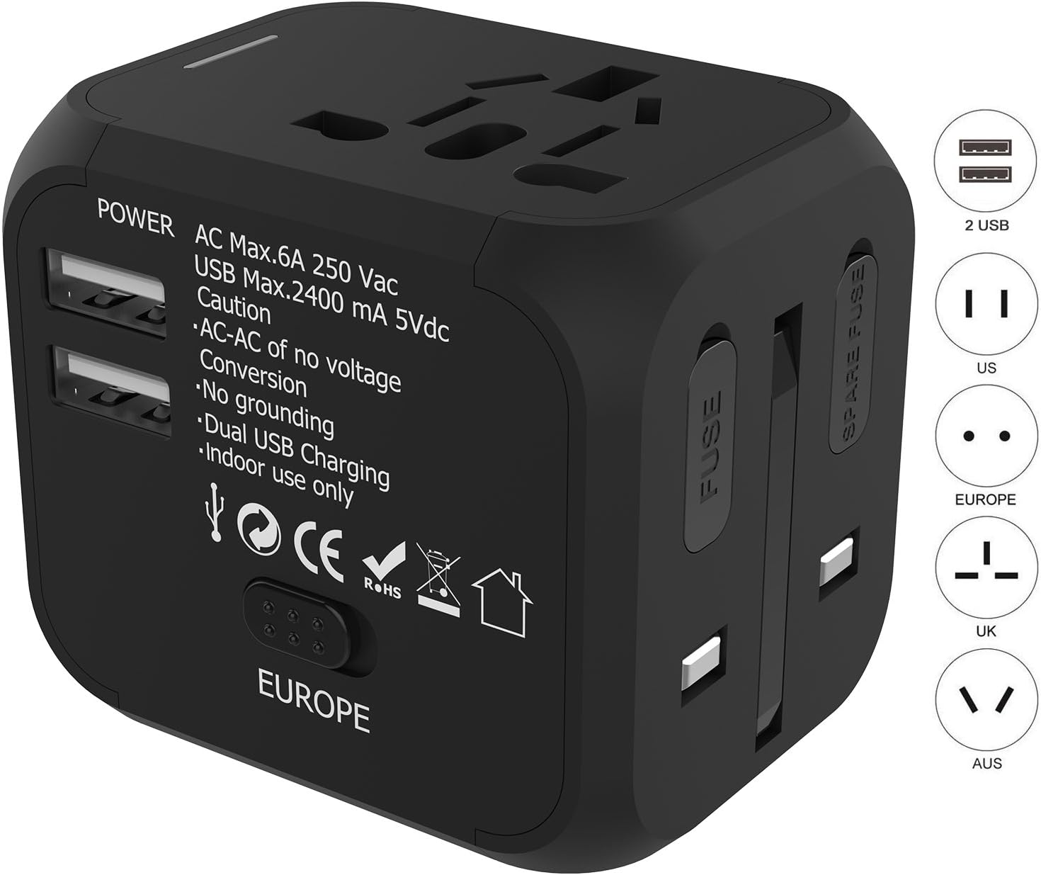 Travel Adapter, Jollyfit International Universal European Adapter 2 USB Charger US UK AUS EU Power Plug Adapter for Europe Japan Germany France Italy Russia England Laptop Cell Phones (Black 2 USB)