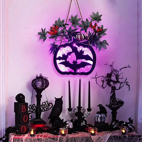 Miniatura 4 de Ruidazon Prelit - Letrero de corona de Halloween iluminado artificial para puerta delantera, funciona con pilas, letrero colgante de Halloween con