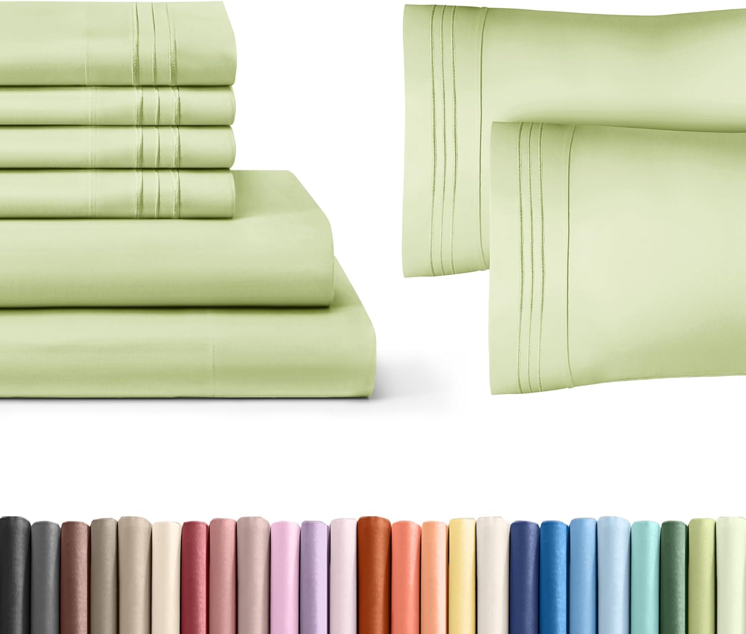 6 Piece Light Sage Green Queen Size Bed Sheet Set + 2 Extra Pillowcases Bundle – 21” Extra Deep Pockets – Flat Sheet 95 x 102, Fitted Sheet 60 x 80, 6 Pillowcases 20 x 30 – Oeko-TEX Queen Fitted Sheet