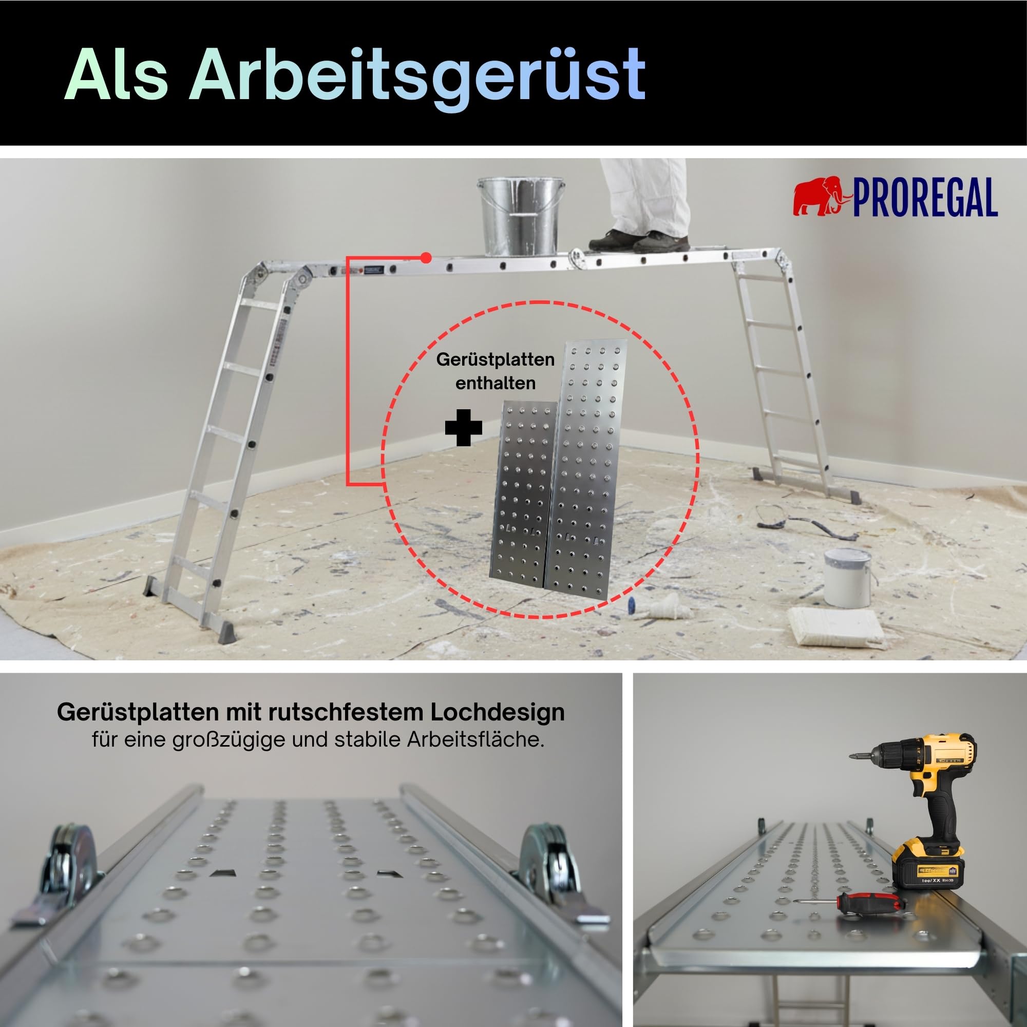PROREGAL Scala multiuso a pioli MULTISTEP, 4 sezioni in alluminio, 4x5 pioli, altezza fino a 5,7 m, portata 150 kg, ponteggio di lavoro, scala a pioli, scala a pioli appoggiata