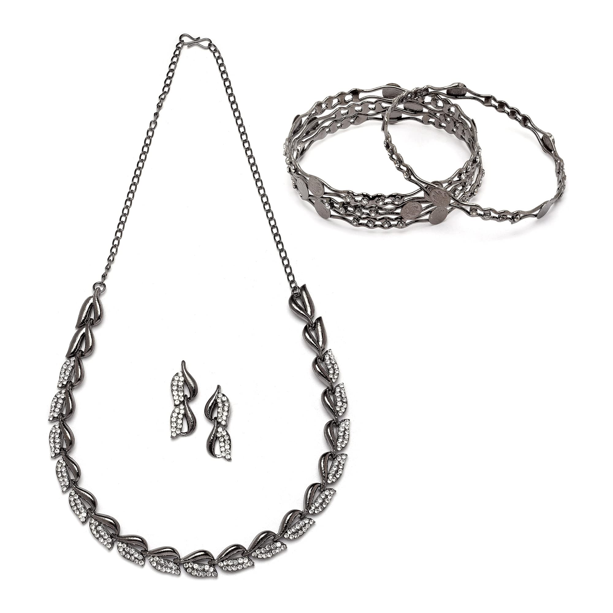 KENNICE Silver-Plated Black Toned American Diamond studded Leaf Shaped Necklace With Earrings and Bangles Jewellery Set For Girls & Women (B0C4Y6HGWM) Amazon Price History, Amazon Price Tracker