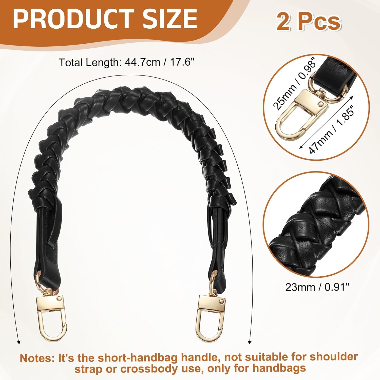 uxcell Braided Purse Strap, 2Pcs 44.7cm/17.6" Black PU Leather Replacement Handle, Short Handbag Strap Top Braided Handle with Gold Buckles for Underarm Bags, Handbags, Bucket Bags - Image 2