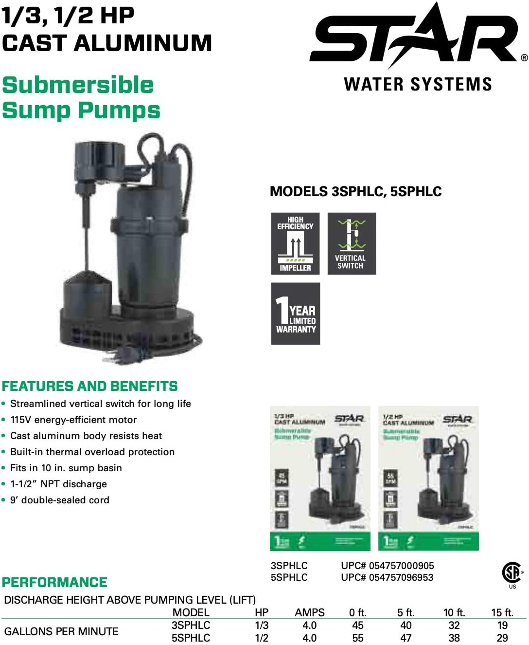 Star 3SPHLC Cast Aluminum 1/3 HP Submersible Sump Pump (1-1/2" Discharge) Low Profile Sump with Vertical Float Switch, 45 GPM, 4 Amps