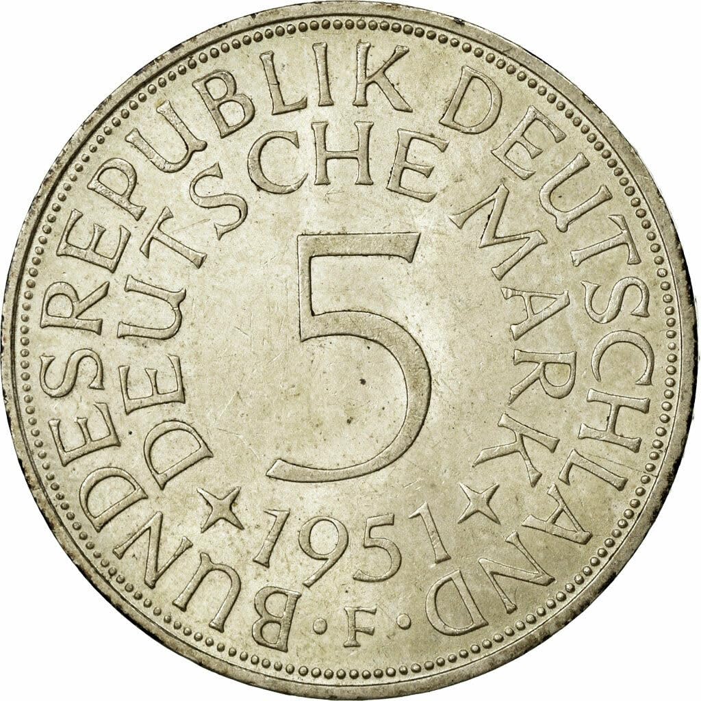 1951-1974 5 Mark German Silver Coin - Cold War Era Issue I Eagle Motif - Monetized By The Germany Government
