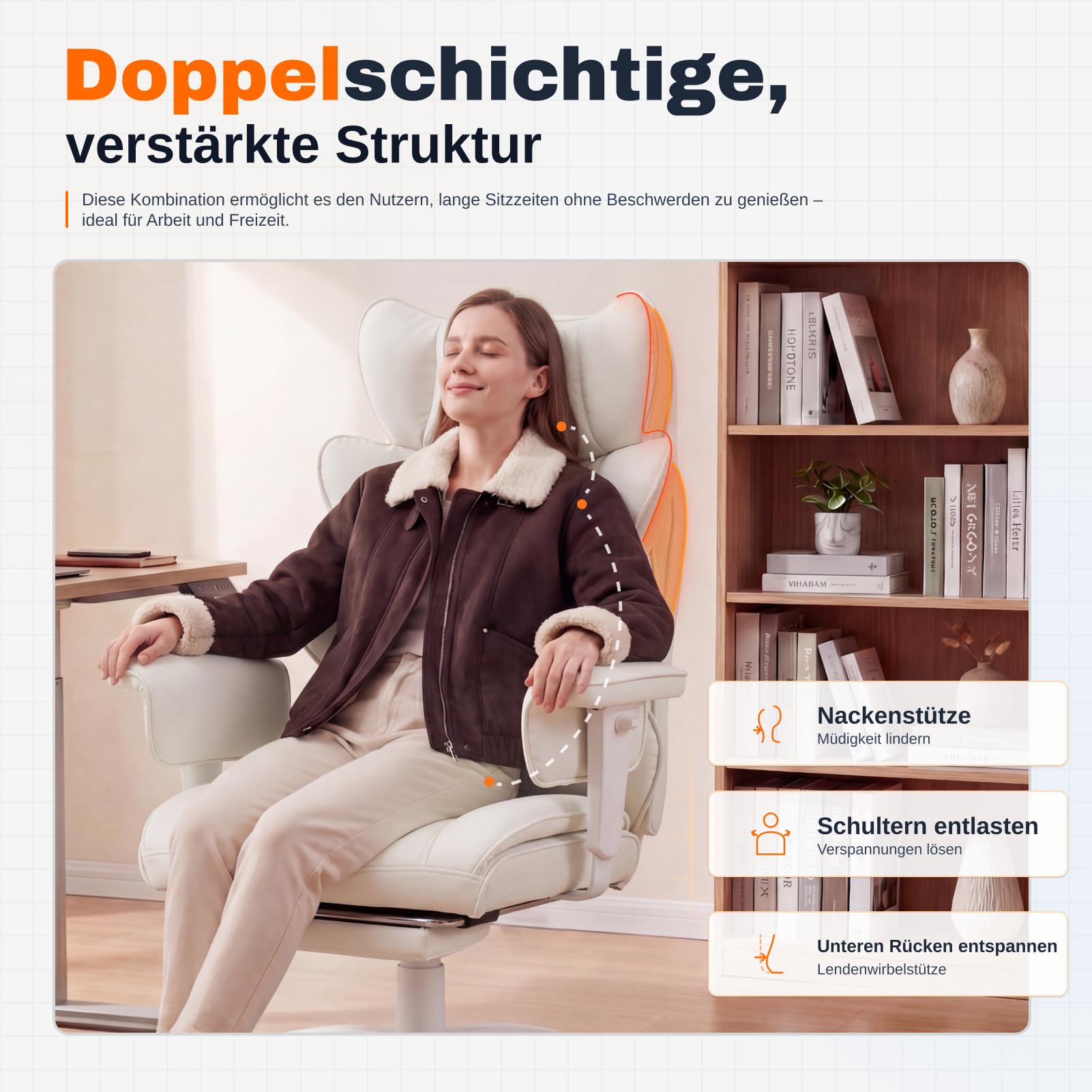 Dowinx Gaming Stuhl, Bürostuhl Ergonomisch mit Taschenfeder-Kissen, Chefsessel mit Doppellagige weiche Rückenlehne und verstellbare Lendenkissen, Armlehnen und Fußstütze, PU-Weiß