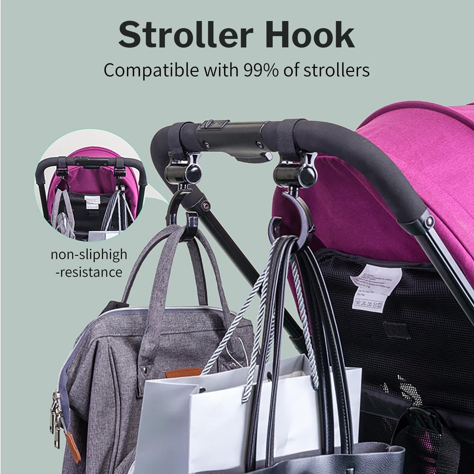 Clips universales para cochecito, ganchos giratorios de 360 grados, paquete de 2 ganchos multiusos para bolsas de pañales, accesorio de compras, organizador de viaje fácil de instalar, ideal para
