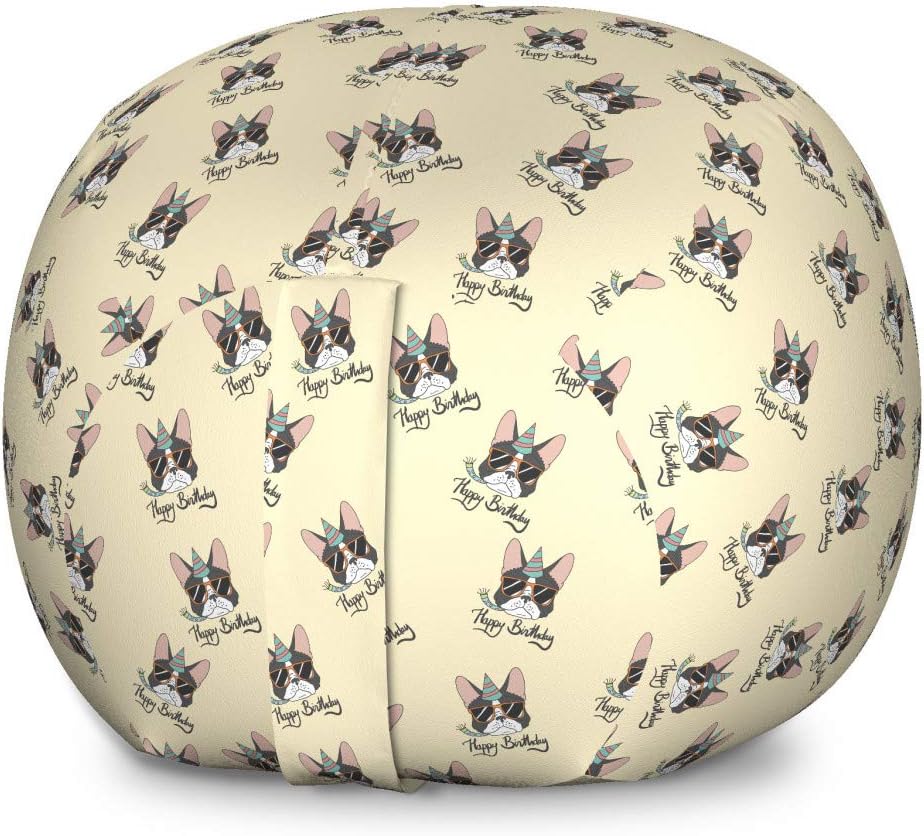 Lunarable Dog Lover Storage Toy Bag Chair, Happy Birthday Lettering Humorous French Bulldog with Party Hat Pattern, Stuffed Animal Organizer Washable Bag, Small Size, Cream and Multicolor