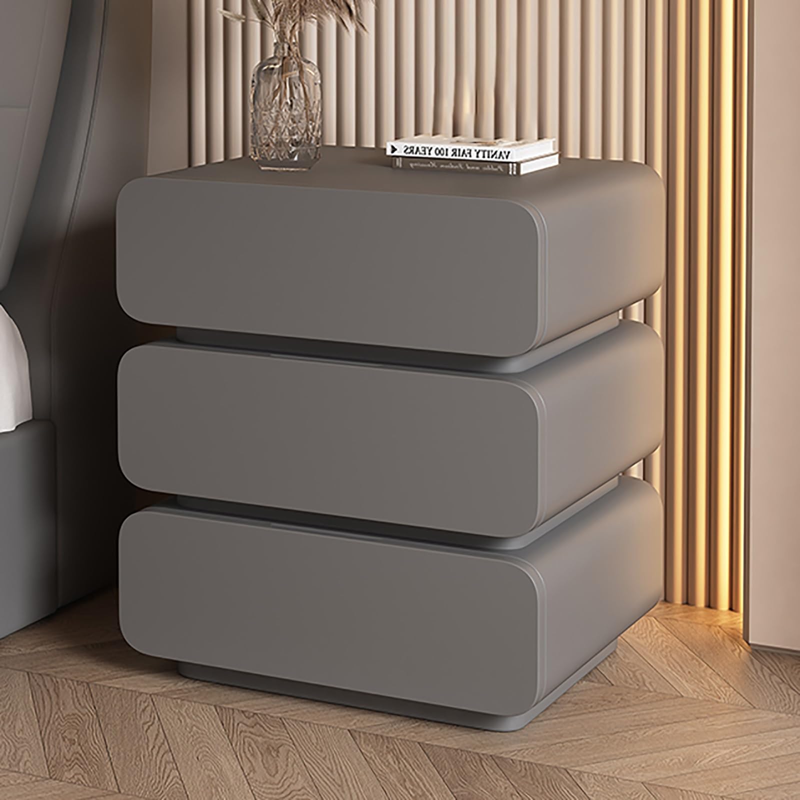 SXZenSpace Wooden Nightstand with 3 Drawers Hidden Handle SpaceSaving Storage Cabinet for Bedroom Living Room OfficeDark Gray 50cm Stylish and Functional Furniture