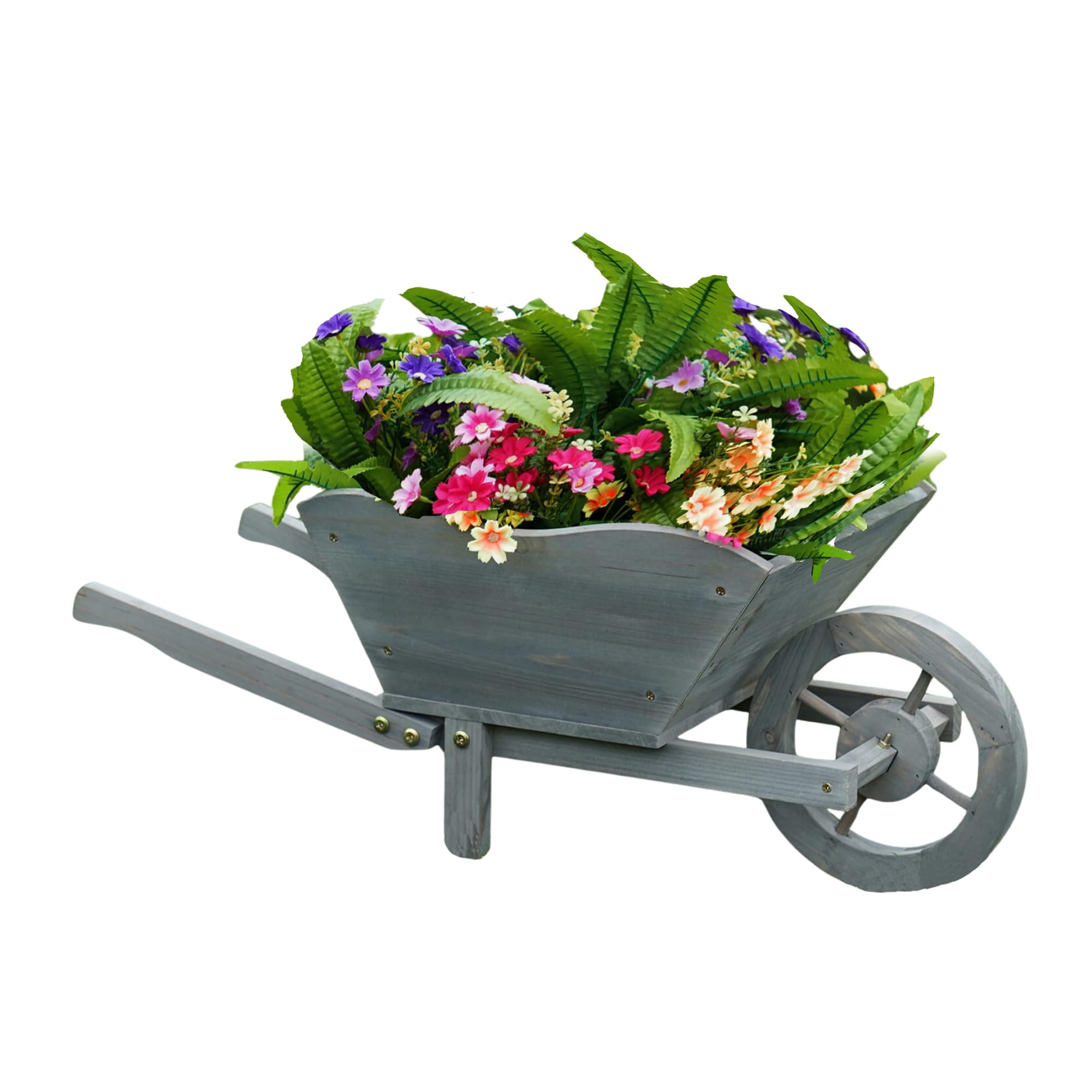 BONAFIDE Large Outdoor Garden Wheelbarrow Planter, Rustic Garden Wagon Planter Cart with Wheel & 2 Long Handles, Heavy Duty Rustic Large Outdoor Ornaments (GREY)