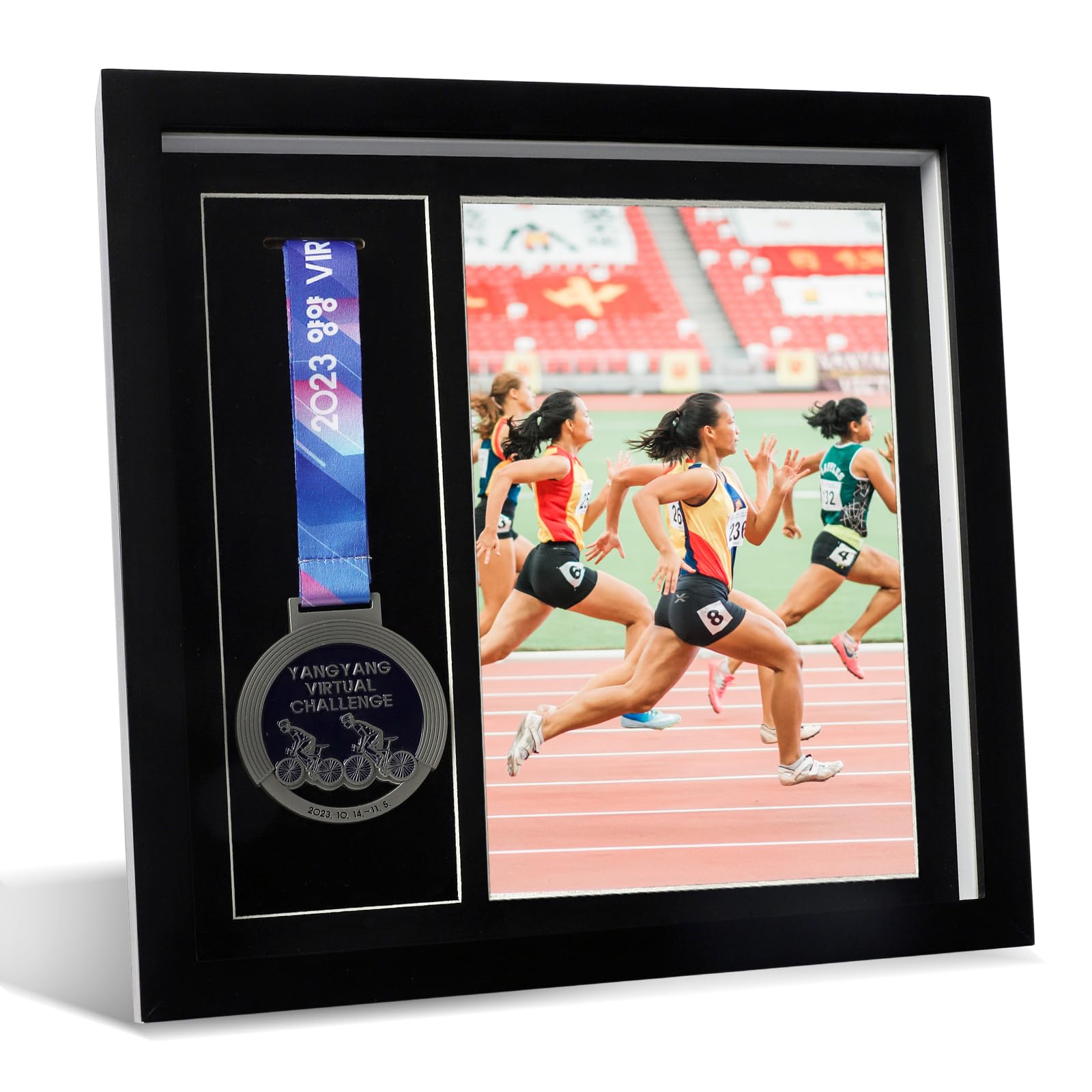 Medal Display Case with Photo Frame – 13x13 Shadow Box for Medals, Awards & Certificates, Solid Wood Frame with Clear Acrylic Panel, Black Sports & Military Medal Holder for Wall or Tabletop