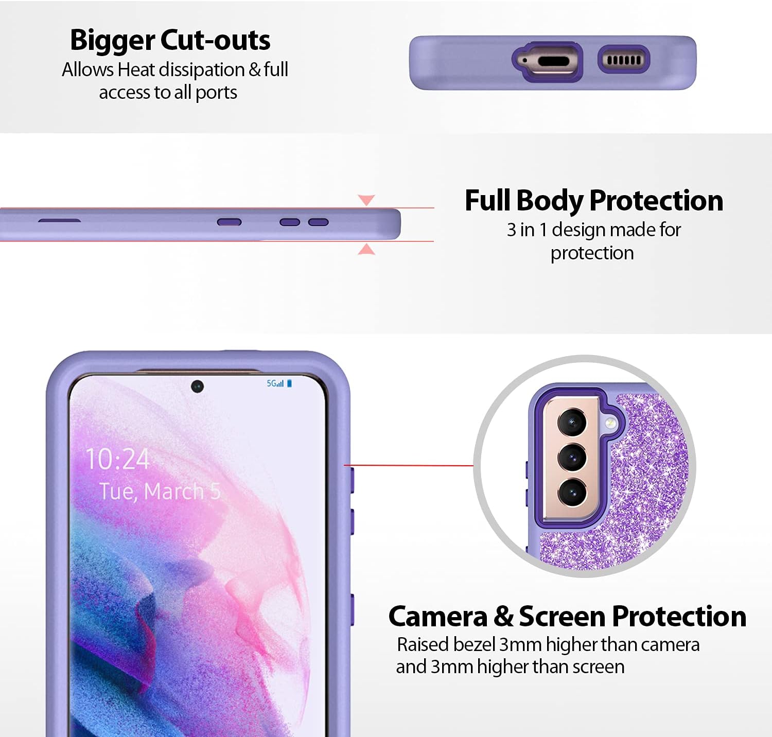 Coolwee Full Protective Case for Galaxy S21 5G Heavy Duty Hybrid 3 in 1 Rugged Shockproof Women Girls for Samsung Galaxy S21 6.2 inch Light Purple