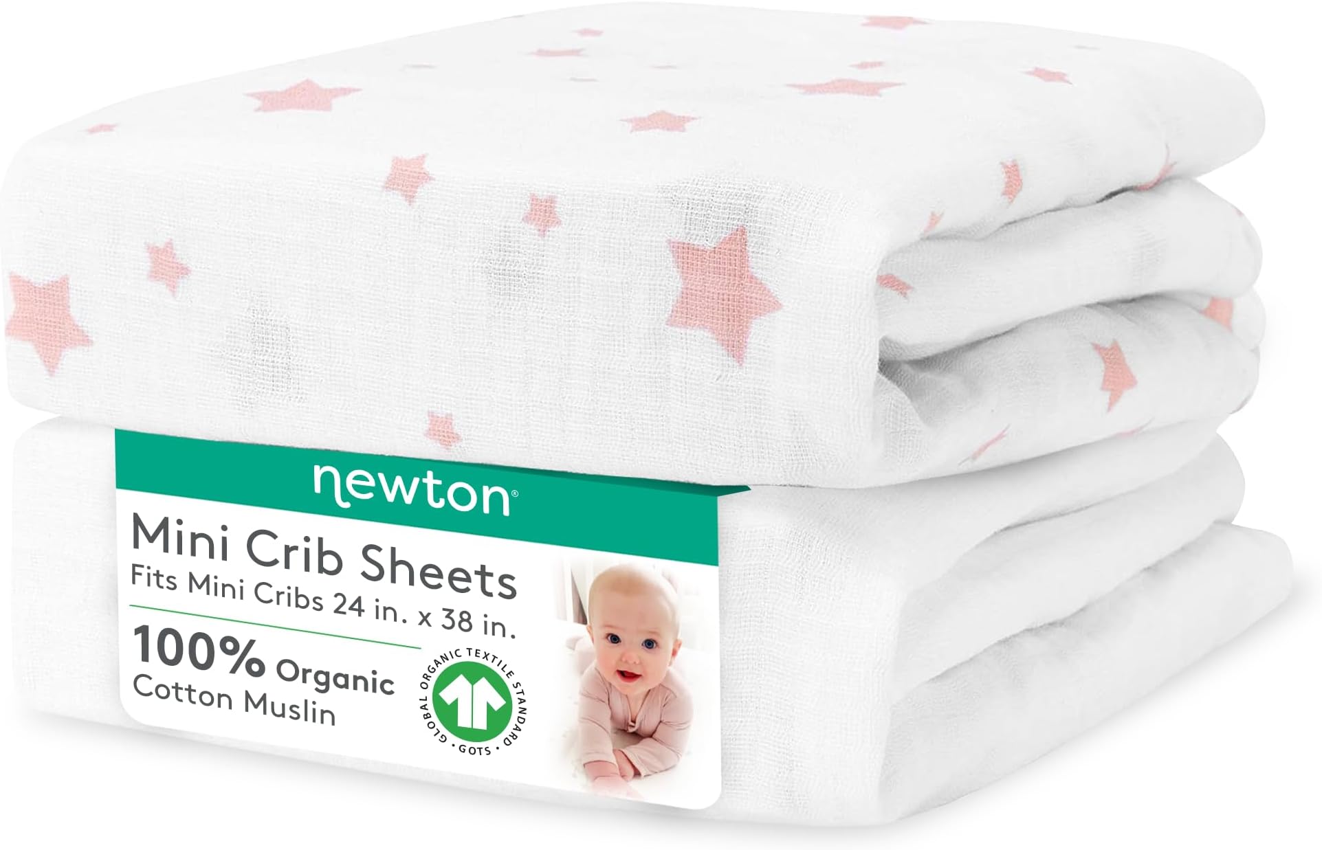 Fitted Mini Crib Sheets (2-Pack) | Organic Muslin Cotton, Breathable & Soft Baby Sheets, Washable Baby Mattress Sheets, Fits Mini Crib Mattresses 24" x 38", Stardust Coral & Plain White