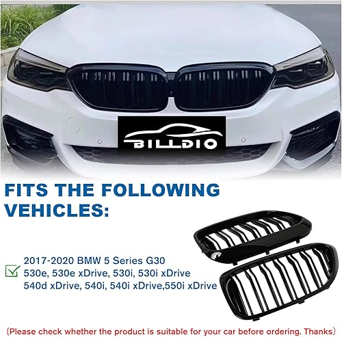 Miniatura 58 de Rejilla frontal F10 para riñón con doble listón, color negro brillante, compatible con BMW Serie 5 2010-2017, F10, F11, F18, Sedan 520i, 528i, 535d