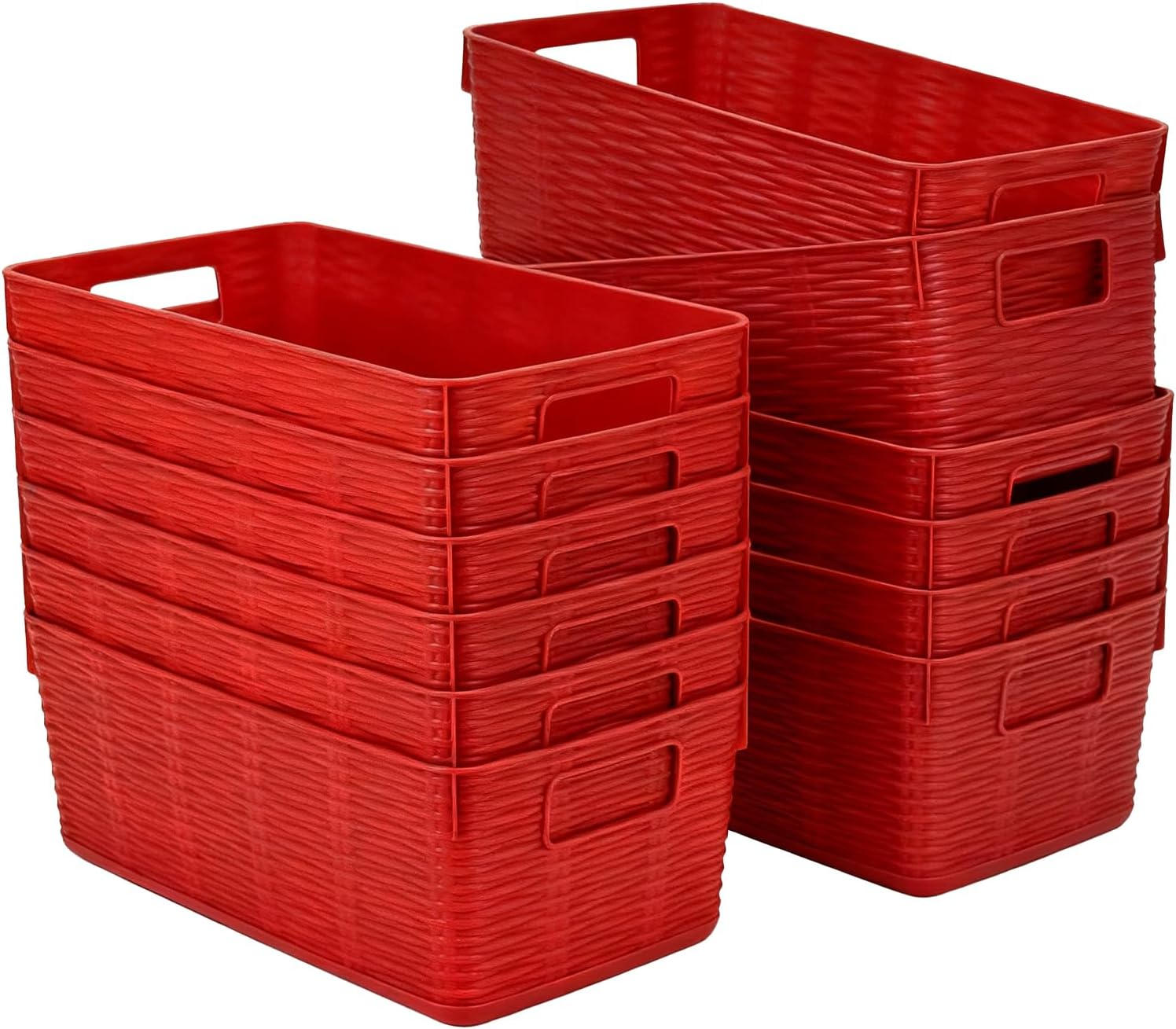 12-Pack Plastic Storage Baskets, Stackable & Nestable Organizer Bins for Toys, Clothes, Home (Red - Rectangular)