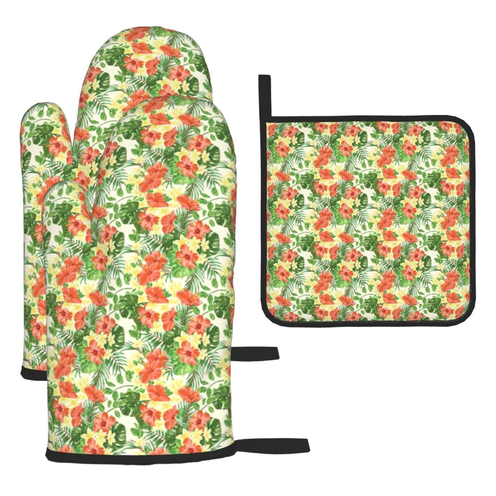 Hojas Tropicales Y Flores Print Oven Kitchen Gloves For Baking Outdoor Grilling Home Use Mitts Microwaving Bbq