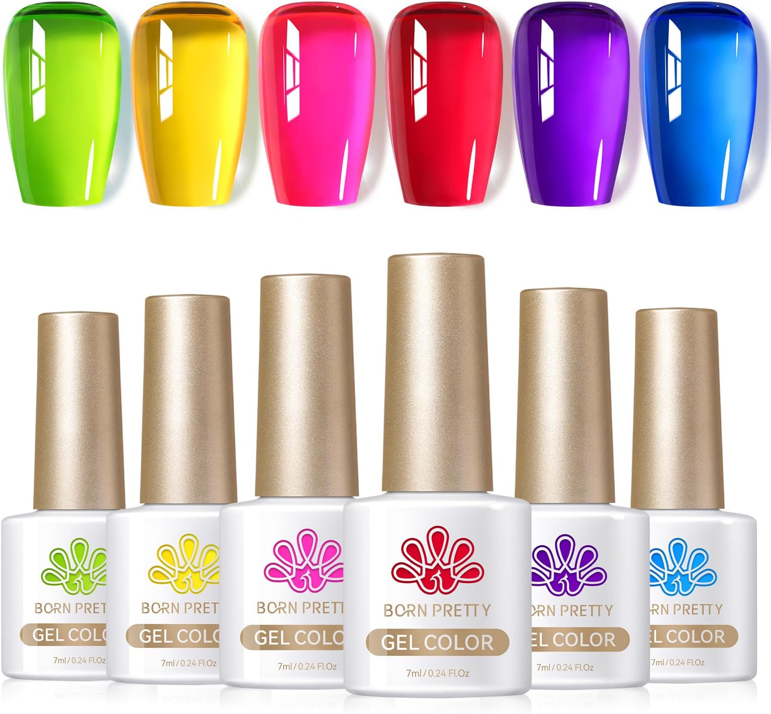 BORN PRETTY Jelly Gel Nail Polish Neon Spring Summer Gel Polish,Hot Pink Red Purple Blue Green Yellow 6Colors Translucent Effect,Soak Off U v LED Light Cure Nail Art Kit Salon Manicure and DIY at Home