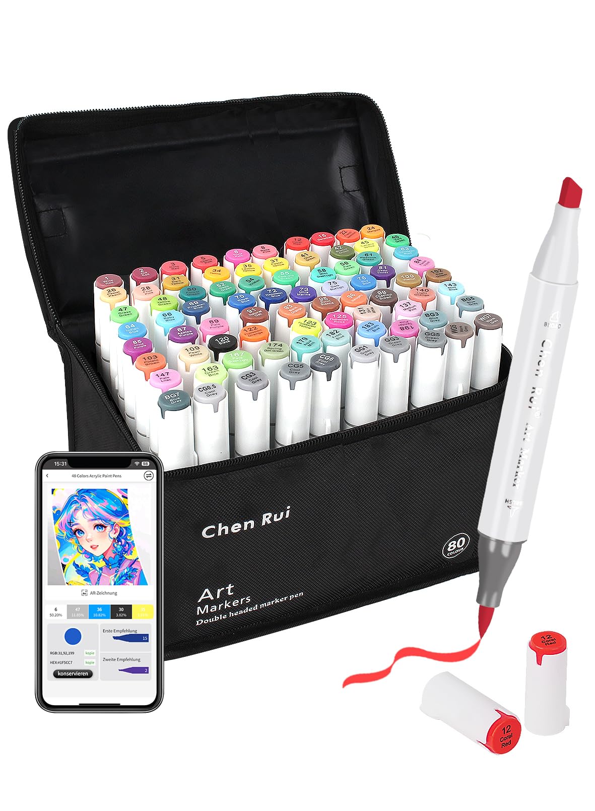 HornedDragon Alcohol Marker Pinselspitze mit App, Doppelspitze (Pinsel & Meißel) Alkohol Marker für Malen, Skizzieren und Zeichnen, Alkoholmarker für Erwachsene und Kinder