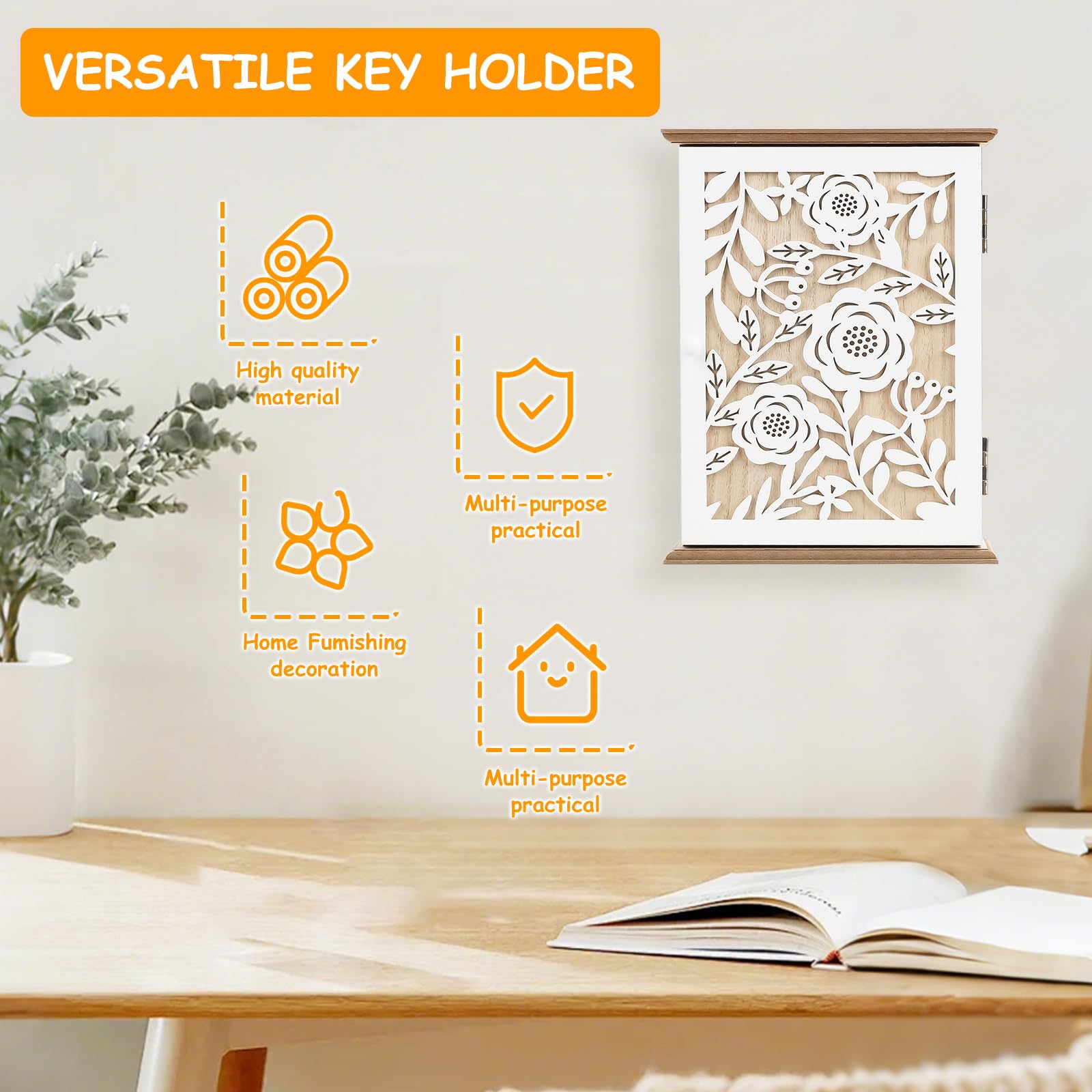 Tefola Armoire à clés murale en bois blanc, boîte à clés autonome avec 6 crochets, armoire décorative pour clés pour couloir et entrée, 26 x 20 x 6 cm (rose)