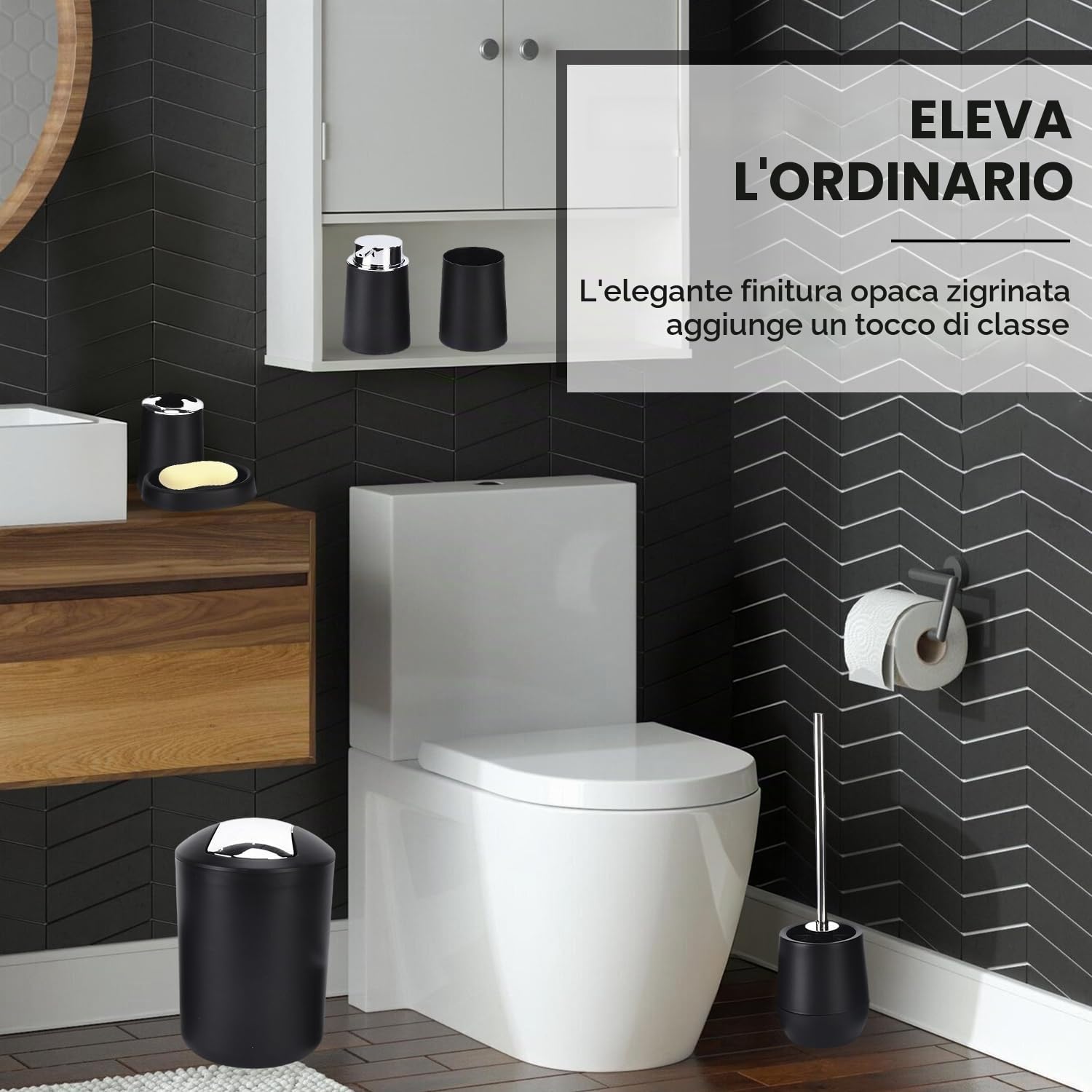 Tissting Set Completo Accessori Bagno 6 Pezzi Design Moderno Nero in PP Plastica con Pattumiera, Scopino, Portaspazzolino, Dispenser di Sapone per Lozione, Portasapone, Tazza