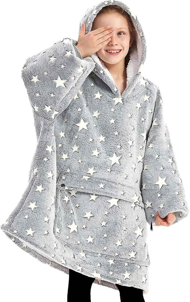 KFUBUO Wearable Blanket Hoodie for Kids Sherpa Patterns Oversized Sweatshirt Blanket With Pocket 6-10 Year Old Girl Boy Gifts Glow in The Dark Stars