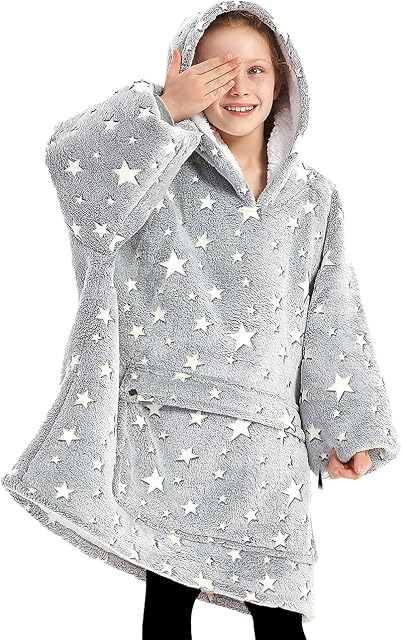 Wearable Blanket Hoodie for Kids Sherpa Patterns Oversized Sweatshirt Blanket with Pocket 6-10YR