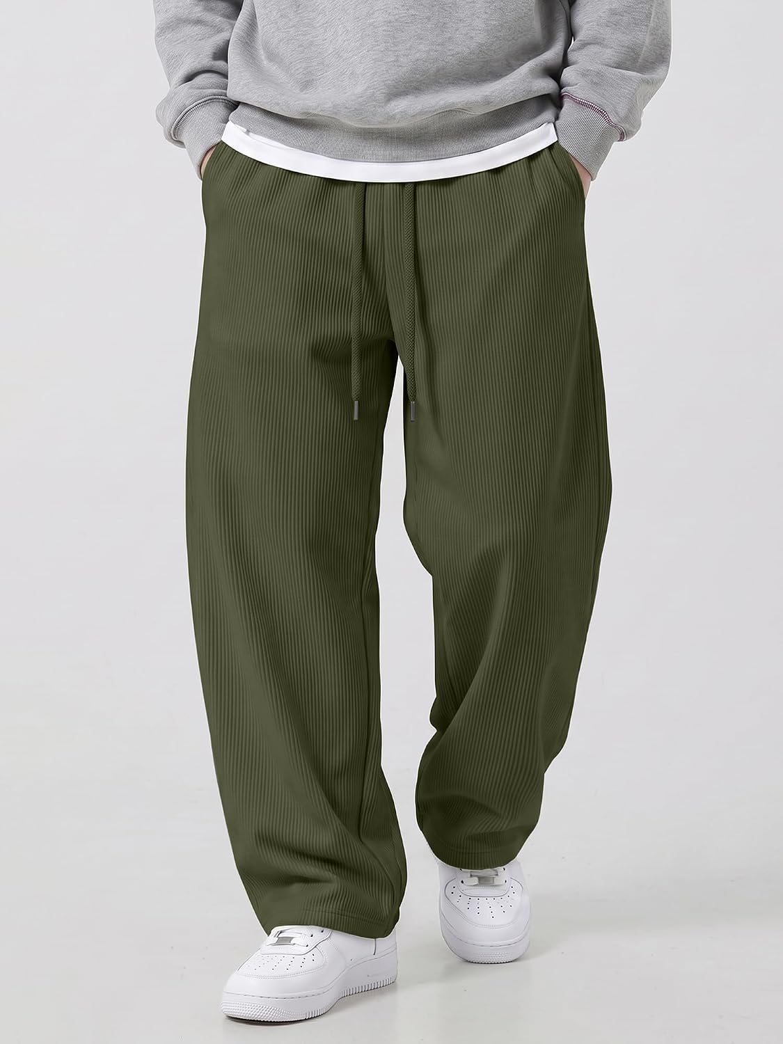 JMIERR Men's Corduroy Fleece Pants Curved Wide Leg Barrel Baggy Sweatpants