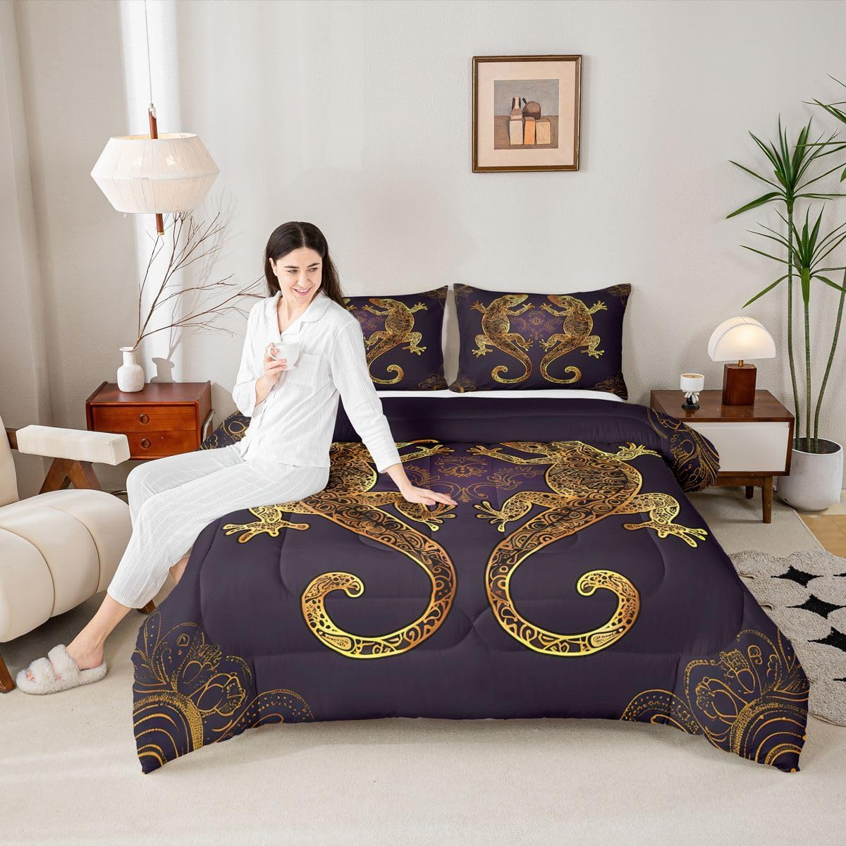 Erosebridal Lizard Down Comforter for Teens, Reptile Comforter Set Twin Size, Bohemian Paisley Batik Bedding Set Exotic Animal Bedding Comforters for Adult Women Men Room Decor, Gold Brown