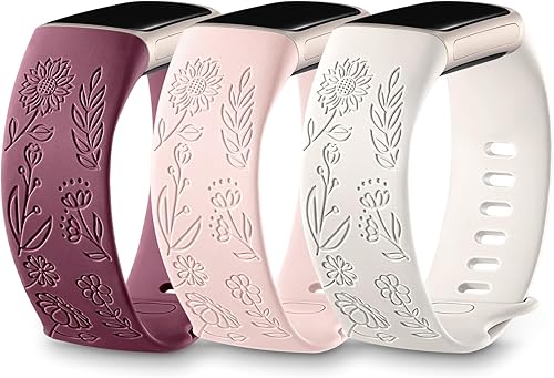 DaQin Paquete de 3 bandas grabadas con girasol compatibles con Fitbit Charge 6Fitbit Charge 5 bandas para mujeres y hombres, correa deportiva suave