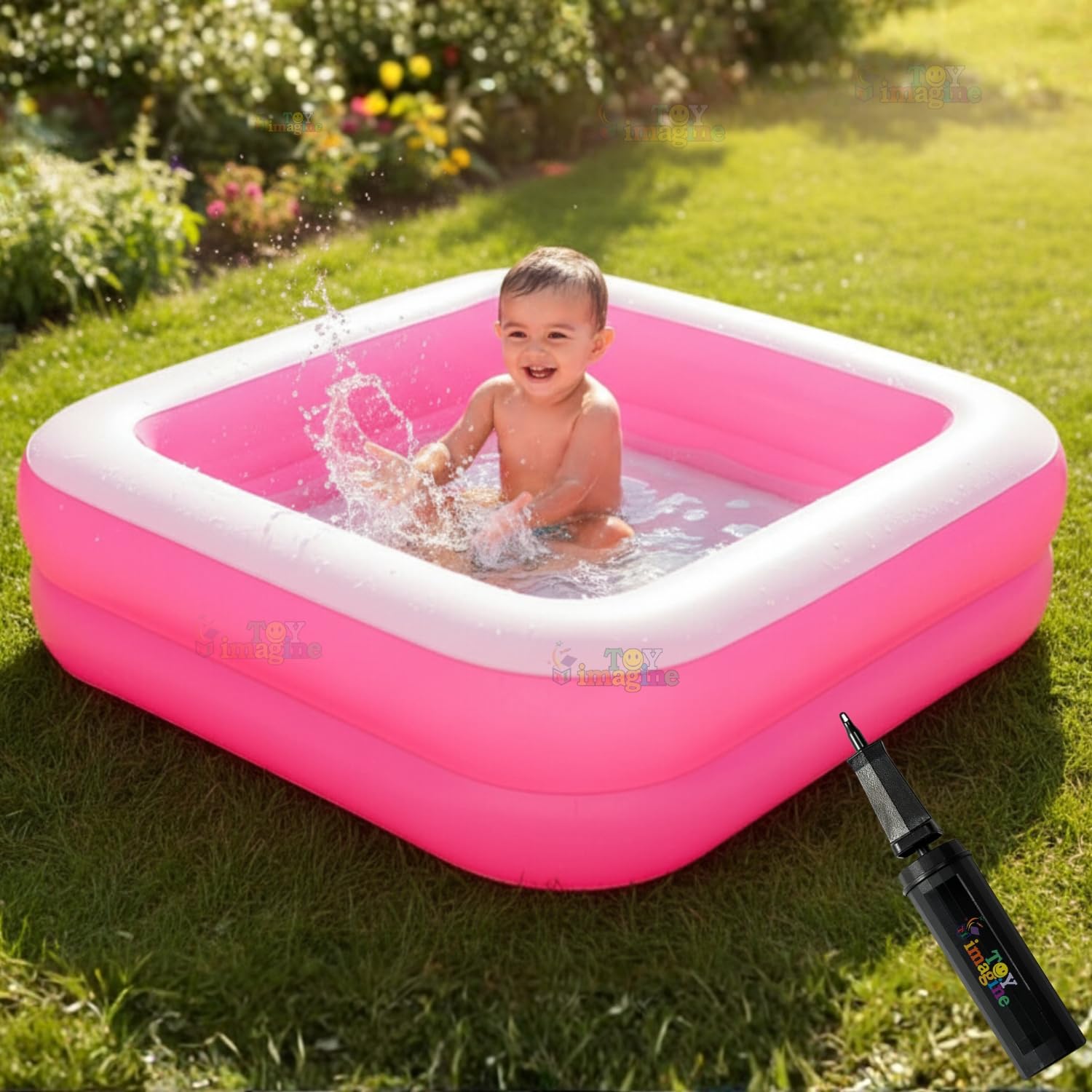 toy imagine swimming pool for kids 3 feet | inflatable, portable & foldable pink square pool for kids | indoor & outdoor swimming pool with mini hand pump | baby bath tub/pool for 0 to 4 years.